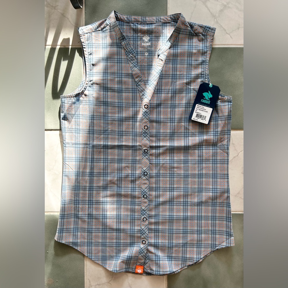 NWT Rabbit High Country Sleeveless Running Snap Shirt, All Aboard Plaid, XS